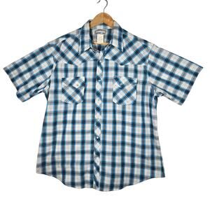 Wrangler Wrancher Shirt Mens XL Blue White Plaid Western Pearl Snap Short Sleeve